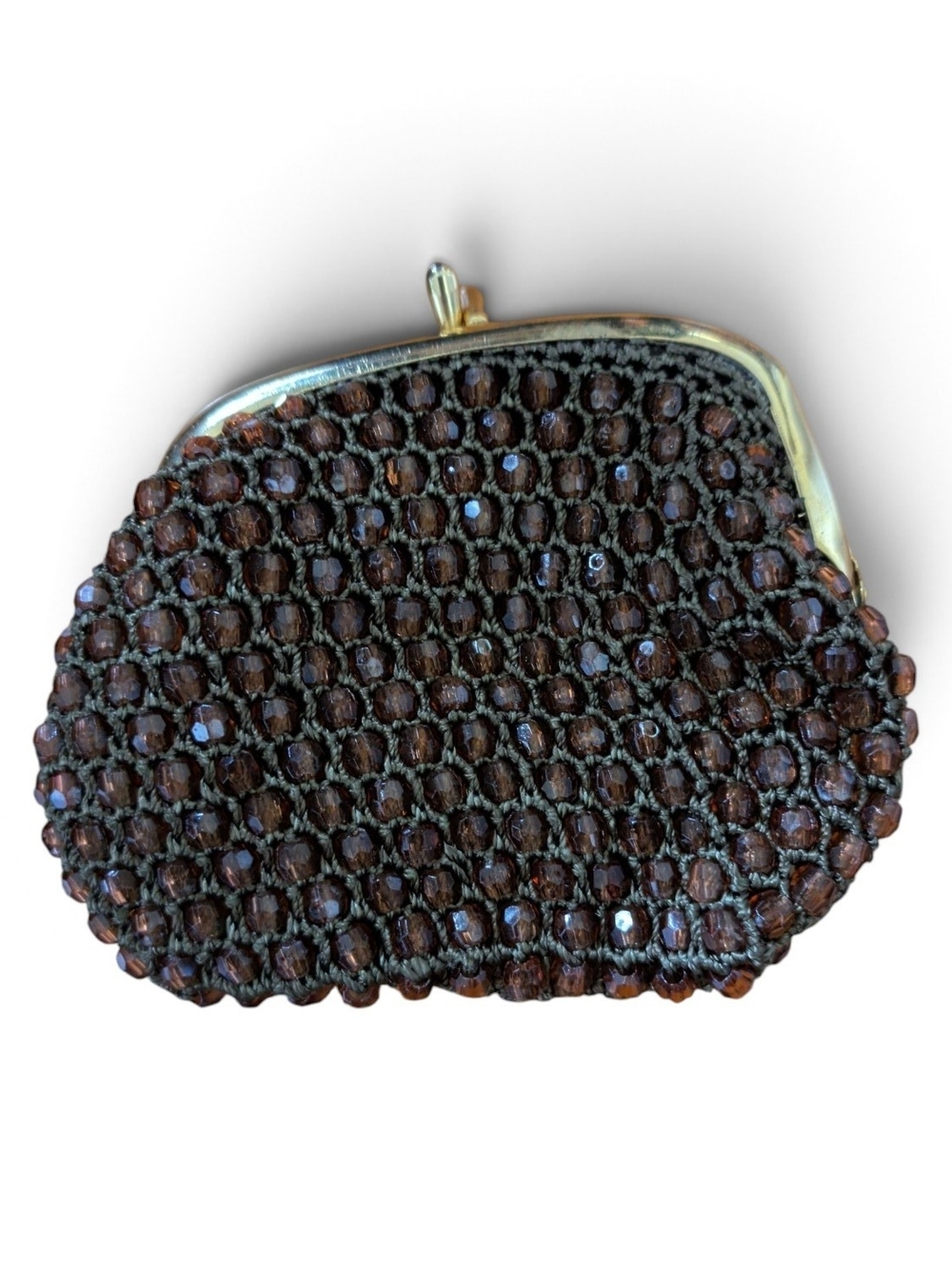 Vintage 80s Brown Beaded Coin Purse with Metallic Frame